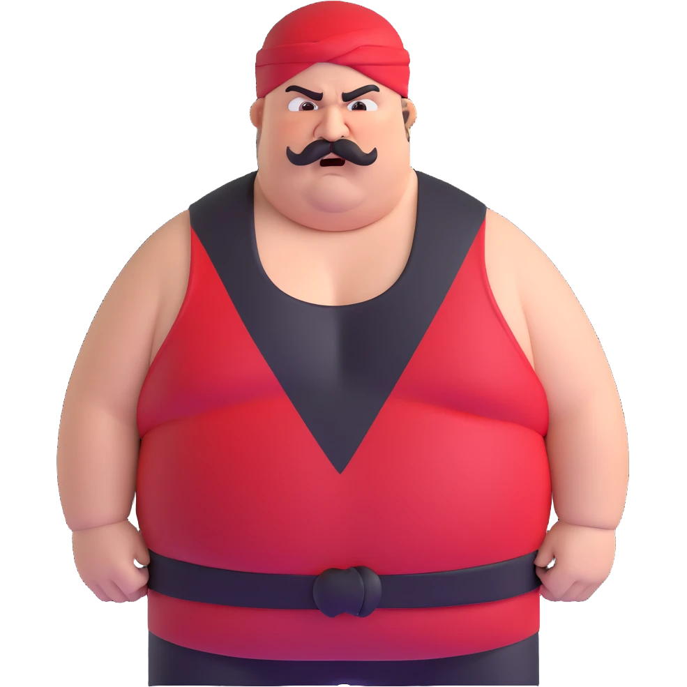 Close-up of morbidly obese white skin guy with young face, prominent BLACK DURAG tied clearly on head, distinct black beard and mustache, no muscle, black eyes in a red and black wrestling singlet with angry face emoji