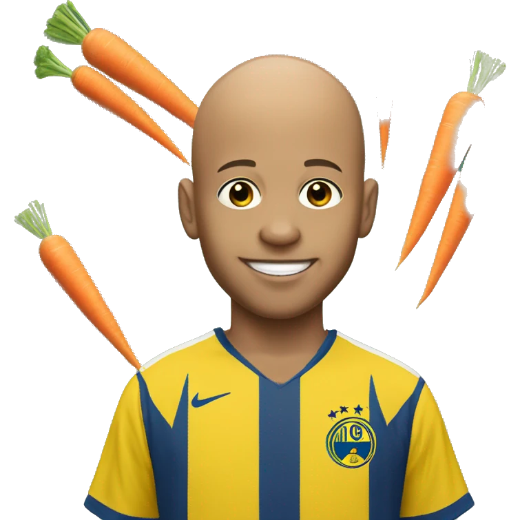 A bald boy wearing a yellow Neymar jersey holding carrots emoji