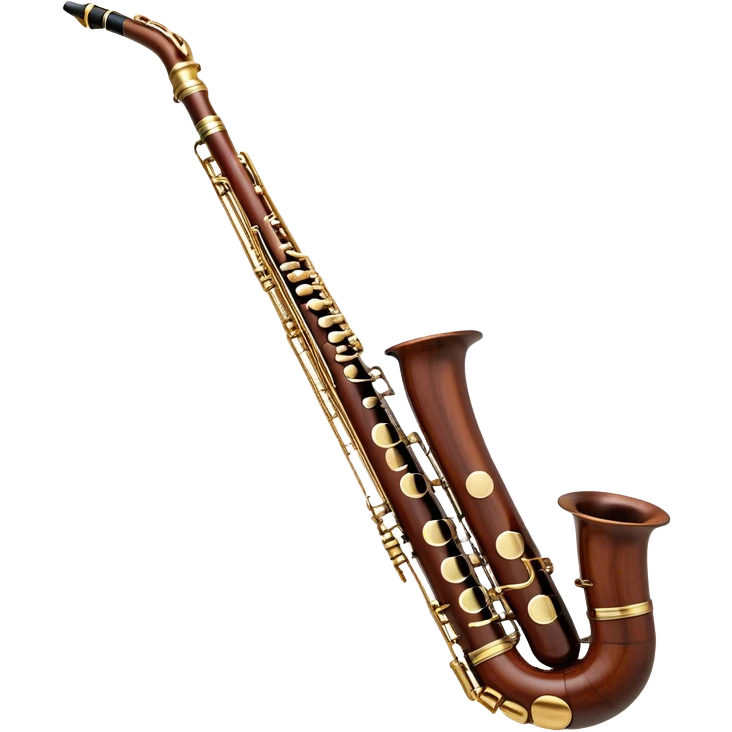 Create an elegant and detailed emoji representing a professional bassoon. The design should feature the sleek wooden body of the bassoon with its rich wood tones, showing the intricate keywork and metal springs. The metal tubing of the instrument should be clearly visible, with polished brass accents. Highlight the bell and the distinctive, curved shape of the instrument. The mouthpiece and reed should be visible at the top, emphasizing the functional details. Use warm wood tones like dark brown, with gold and brass accents for the keys and fittings. Add soft musical notes or soundwaves to represent the deep, resonant sound of the bassoon. The background should be transparent. emoji