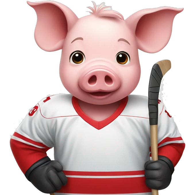 Pig with a red hockey jersey and a hockey stick emoji