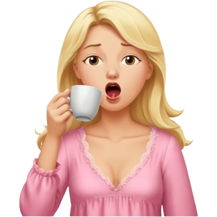 A blonde woman in a pink nightgown yawns, looking sleepy with dark circles under her eyes, drinking coffee, looking like she just woke up. emoji
