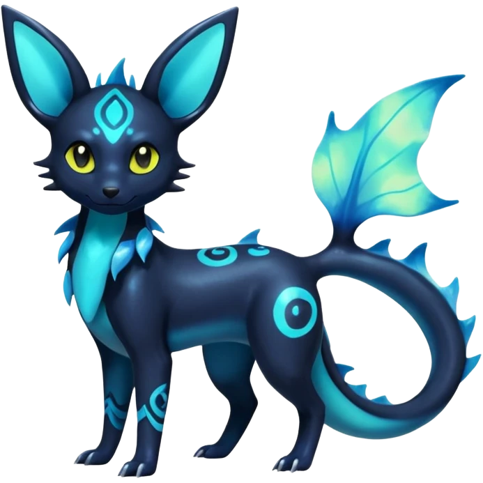 Shiny Aural Iridescent Fluorescent Bioluminescent Umbreon-Amaura-Salandit-Vaporeon-Fakémon-fusion (full body) emoji