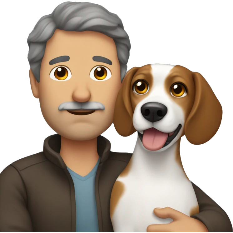 Beagle cuddles middle age man with curly dark brown  hair without beard  emoji
