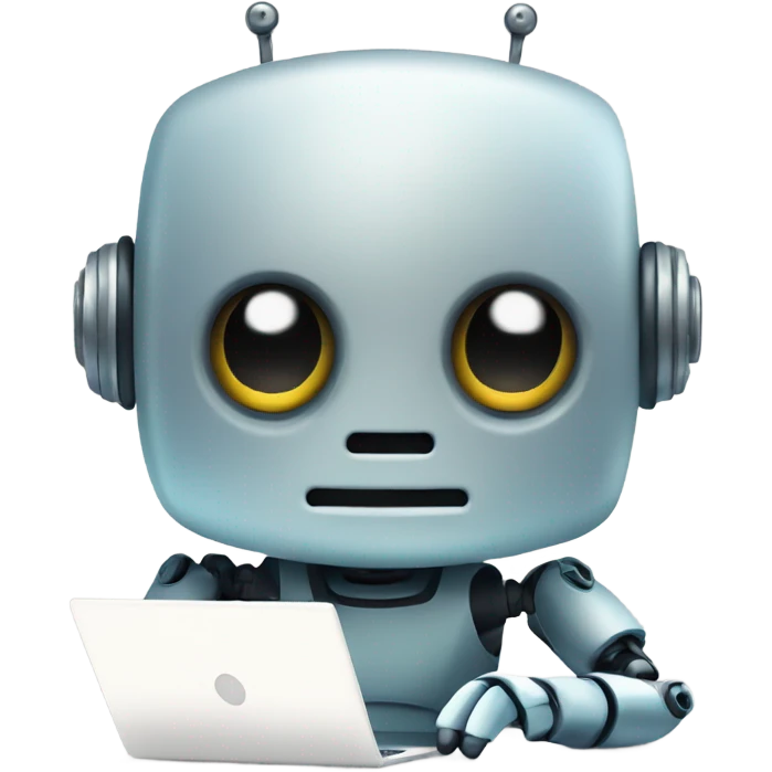 Cute robot behind computer writing code emoji