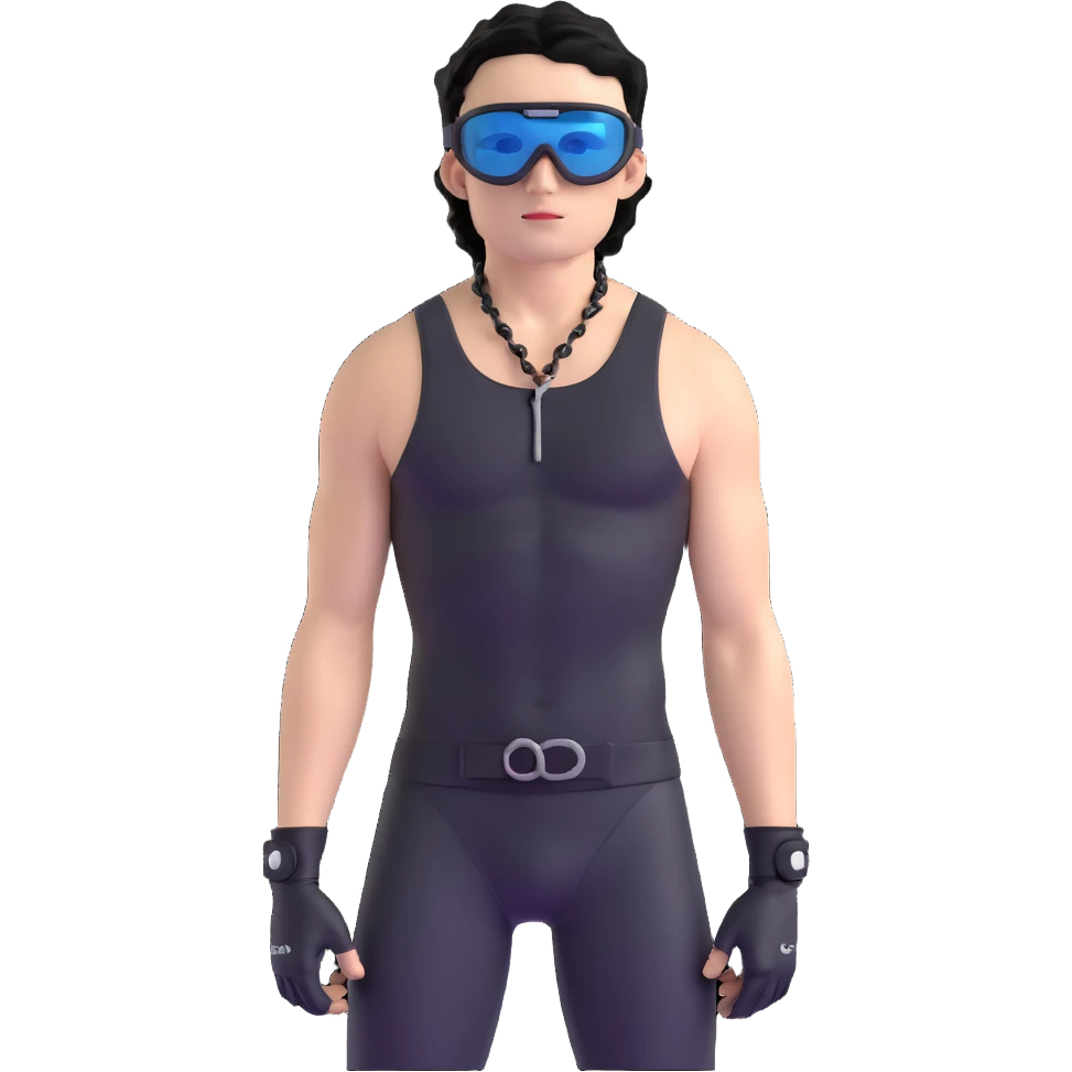shirtless male athlete with white skin and moderately curly black hair on top with shaved sides, wearing black ski goggles with very dark heavily tinted black lenses that completely hide the eyes, and a simple plain black chain necklace, no earrings emoji