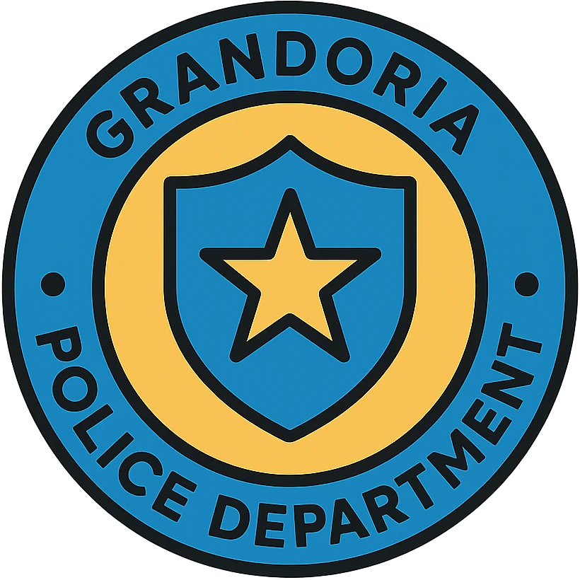 round police department logo with 'GRANDORİA POLİCE DEPARTMENT' text, star or shield, blue and gold color scheme, formal and authoritative style, detailed lineal color icon style emoji