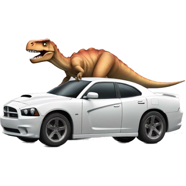 A dinosaur that looks like Vin Diesel in Fast and Furious driving in a Dodge Charger with a monster who looks like Paul Walker emoji