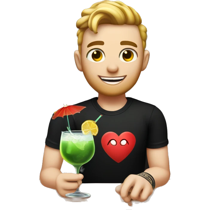 young bartender with pale white skin and tattoo on left the hand. he is wearing black t-shirt which has teeth-smile print in heart area. he is holding cocktail. emoji