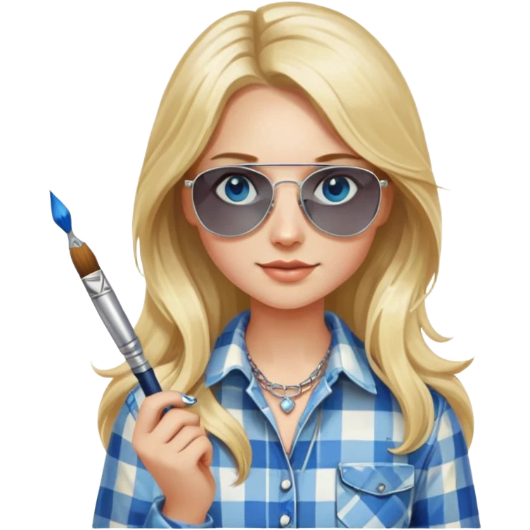 girl with long blond hair, wearing plaid shirt with blue eyes and aviator sunglasses wearing a ring on her silver necklace, holding a paintbrush emoji