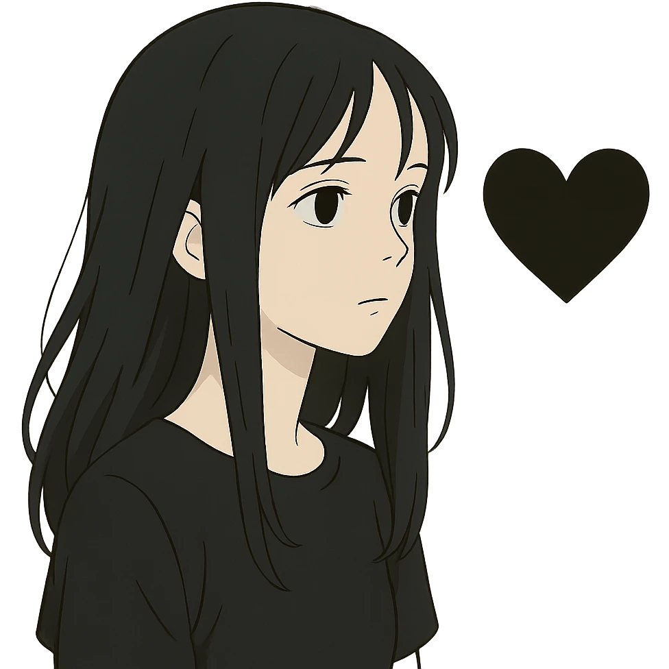 ghibli style pale girl with long black hair and a black heart emoji