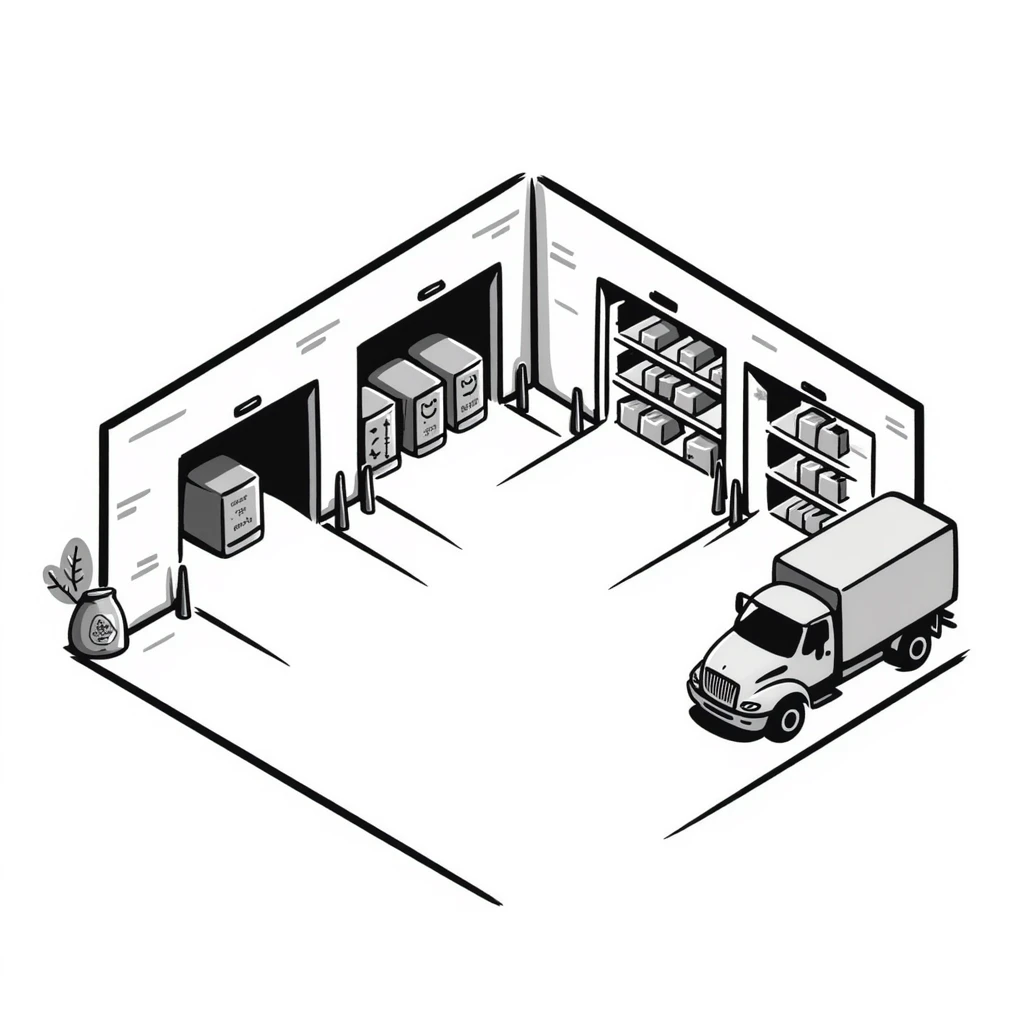 isometric view of an industrial warehouse with loading bay doors, a few parked trucks, and storage shelves visible through open doors emoji