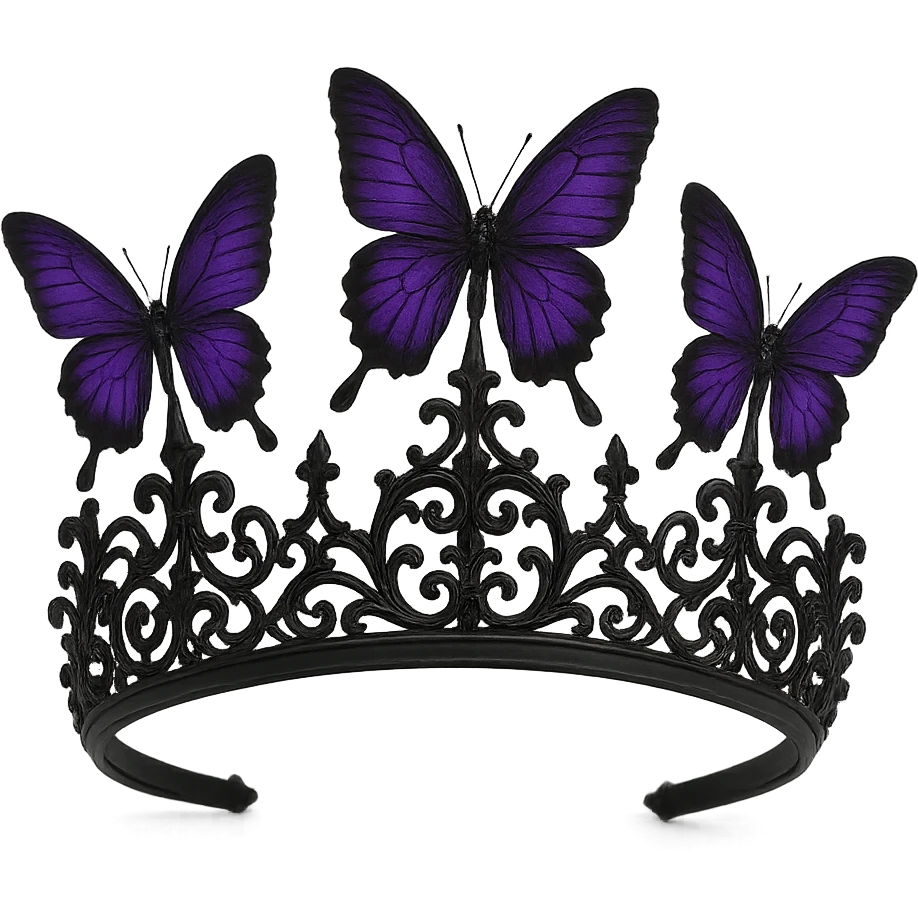 butterfly crown in matte black with purple butterflies and gothic filigree, mysterious and elegant emoji