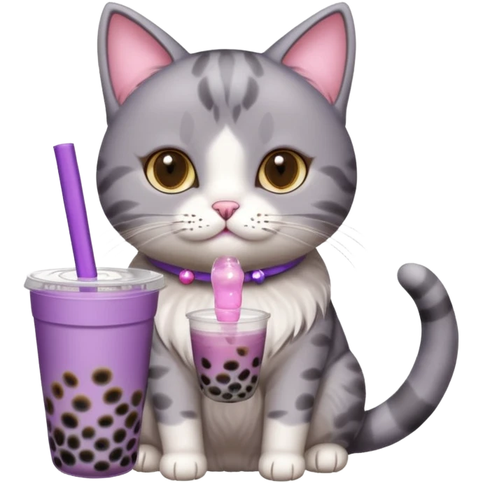 a cat drinking from a mini purple bubble tea cup, cat and bubble tea are different separate figures emoji