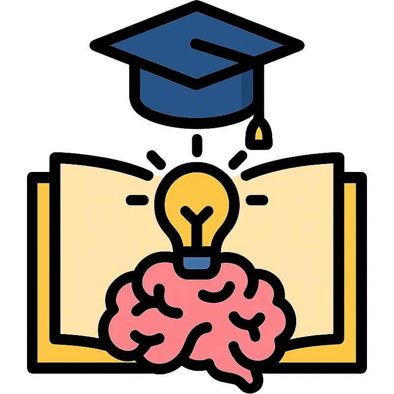 Flat design icon for 'Learning / Knowledge' illustrating an open book, graduation cap, or brain with lightbulb, maintaining a clean and modern look. emoji