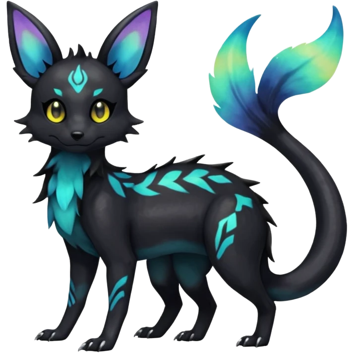 Rare epic aesthetic iridescent spooky gloomy colorful Salandit-Umbreon-Eevee-Genet-species-Fakemon-hybrid-creature, with markings, full body emoji
