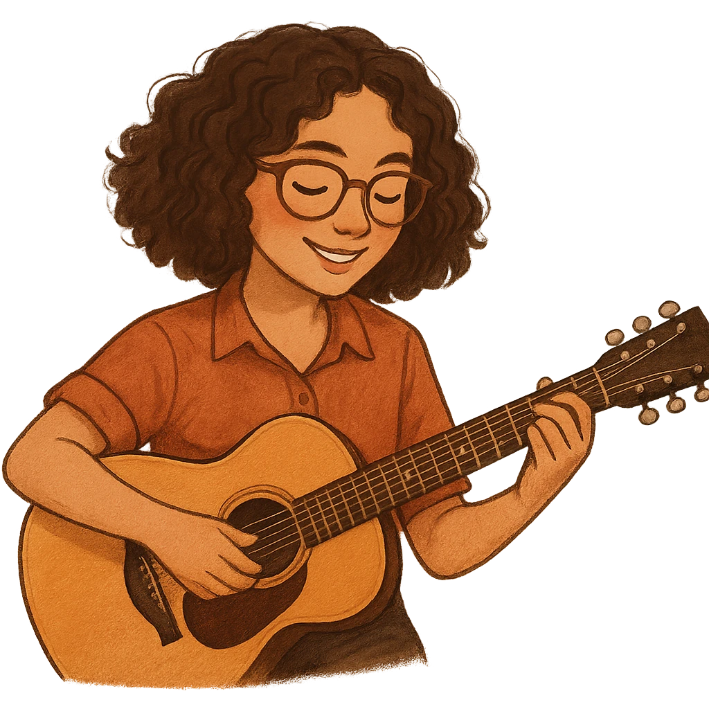 A girl with curly brown hair and brown glasses, in a shirt, playing guitar, for a music therapy internship, warm, professional, inviting emoji