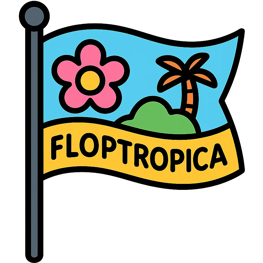 flag on a stick with a whimsical, fictional 'Floptropica' design, colorful and playful emoji