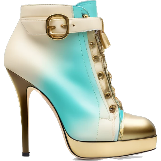 Hyper Realistic isolated front facing view of a pair of light tiffany blue ,cream,and gold ombre Jimmy Choo zippered peppe toe Stiletto Heel ankle bootie boots. emoji