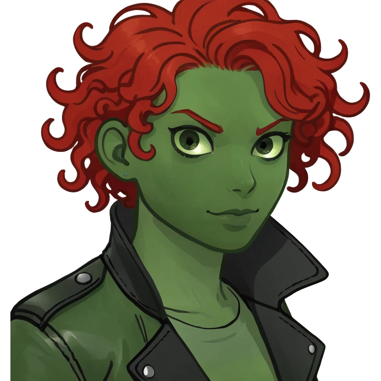 A person half human half zombie curly red hair wearing a black leather jacket emoji