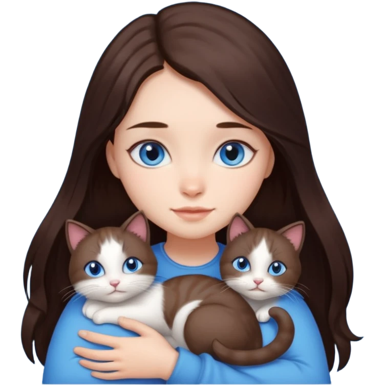 a girl with long dark 
brown hair, with blue eyes, hugs 3 different natural coloured small cats emoji
