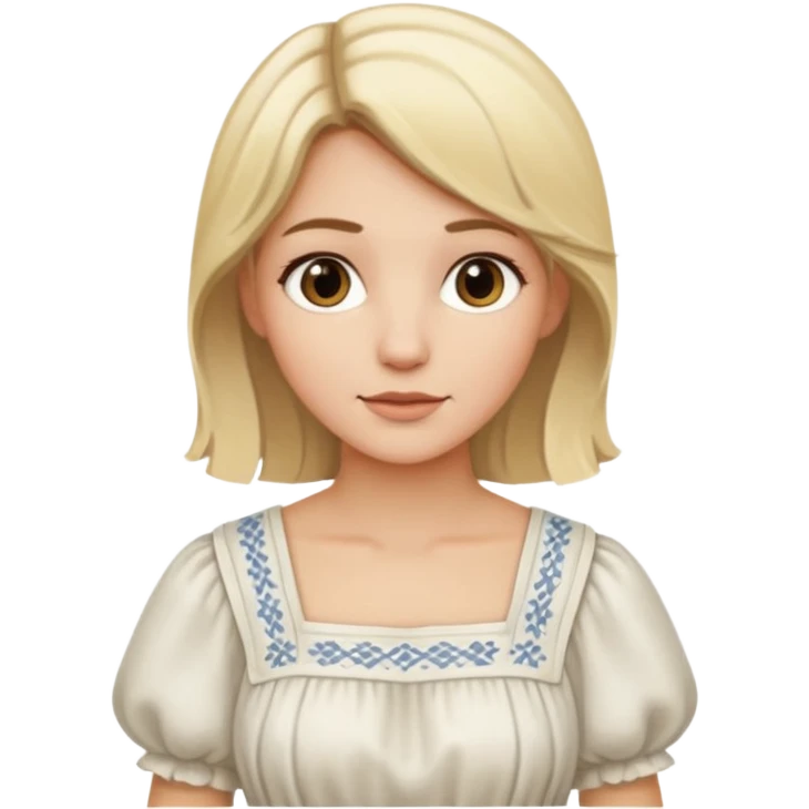 Mujer rubia con mechas un poco oscuras, cabello semilargo, vestido campesino blanco emoji