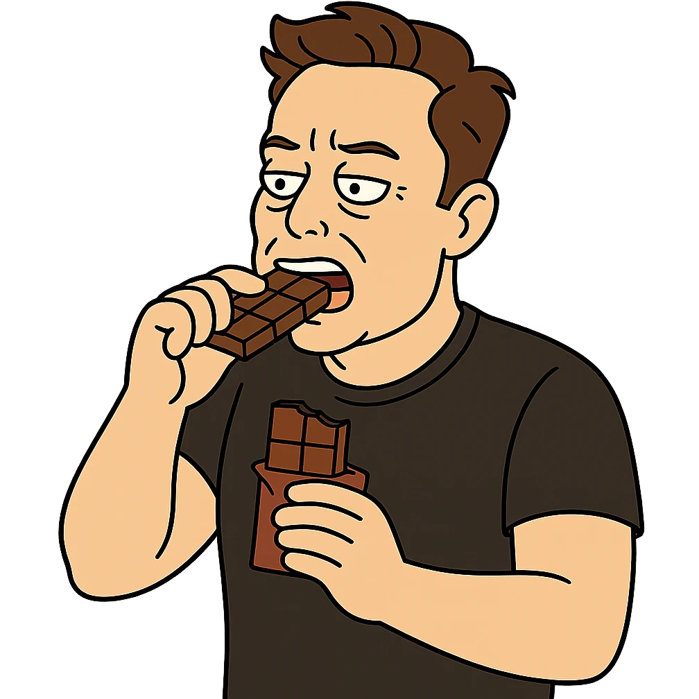 cartoon Elon Musk eating chocolate, flat toon style emoji