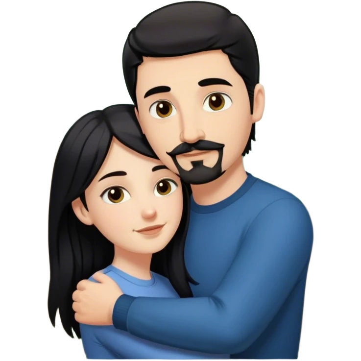 a white girl with long black hair, hugging a white guy with short brown hair goatee mustache, in forest emoji