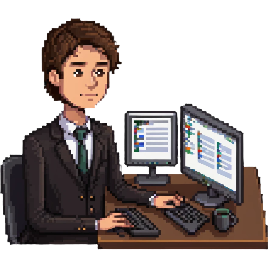 corporate guy with brown hair working on a CRM at a computer emoji