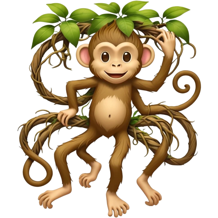 A whimsical character with human feet, tangled plant roots as legs, and a smiling monkey head emoji