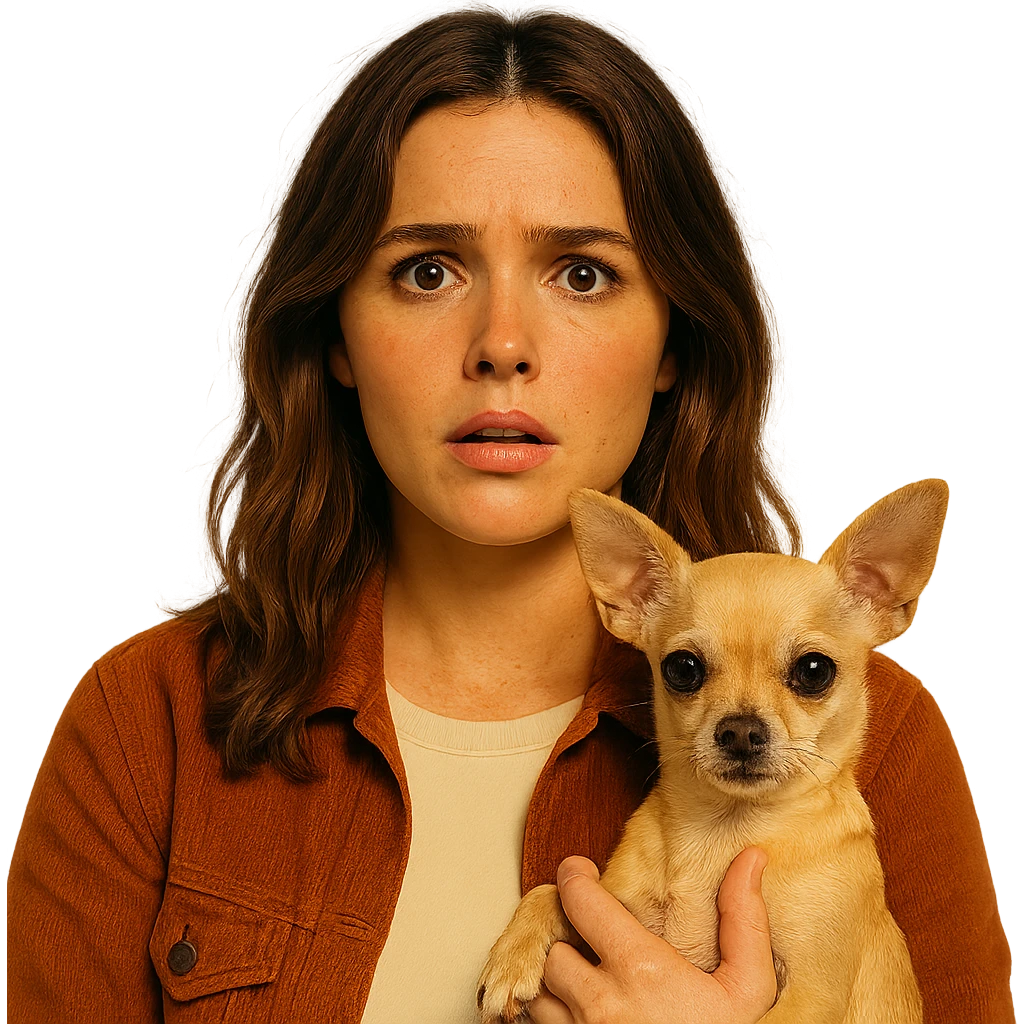 Portrait centered for Instagram profile picture inspired by the facial features visible in the reference images, with a tanned complexion, subtle freckles, shirt color #FFF8CA, rust-colored jacket, medium-length brown hair with auburn highlights, expression confused and surprised, holding a beige-brown chihuahua, Netflix series style, transparent background, intimate Tenerife ambiance. emoji