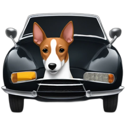 Tricolor basenji sitting in driver’s seat of a black Aston Martin emoji