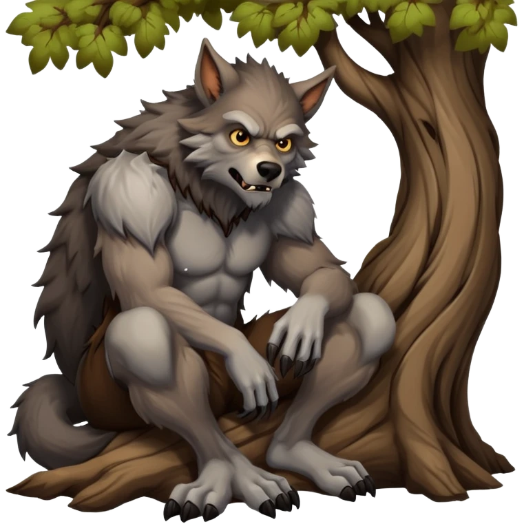 Werewolf sitting by a tree sad  looking into the abyss ￼￼ emoji