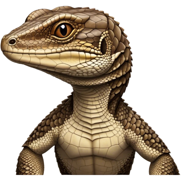 Cinematic Noble brown camo spotted monitor Lizard Portrait Emoji, Poised and regal, with a robust, scaled body exhibiting striking, mottled patterns and piercing, alert eyes, Simplified yet sharp and sophisticated features, highly detailed, glowing with a soft, earthy glow, high shine, intelligent and formidable, stylized with an air of ancient wilderness, focused and commanding, soft glowing outline, capturing the essence of a watchful and confident reptilian guardian that appears ready to stride out of the screen with effortless authority! emoji