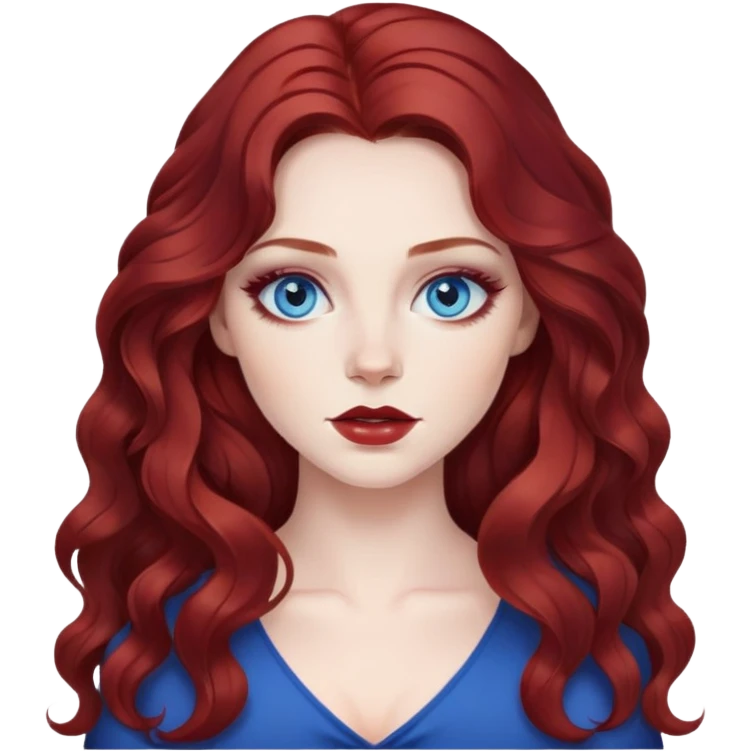 pretty baddie, dark red wavy hair, pale skin, long hair, blue eyes, makeup emoji
