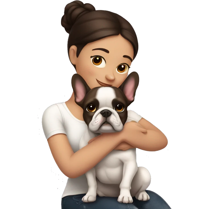 Dark brown hair woman hugging a french bulldog emoji