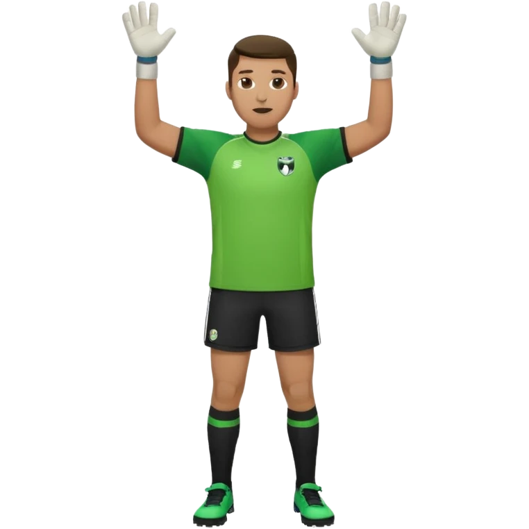 goalkeeper, standing, wearing a green shirt, shorts, socks and football trainers, with arms raised emoji