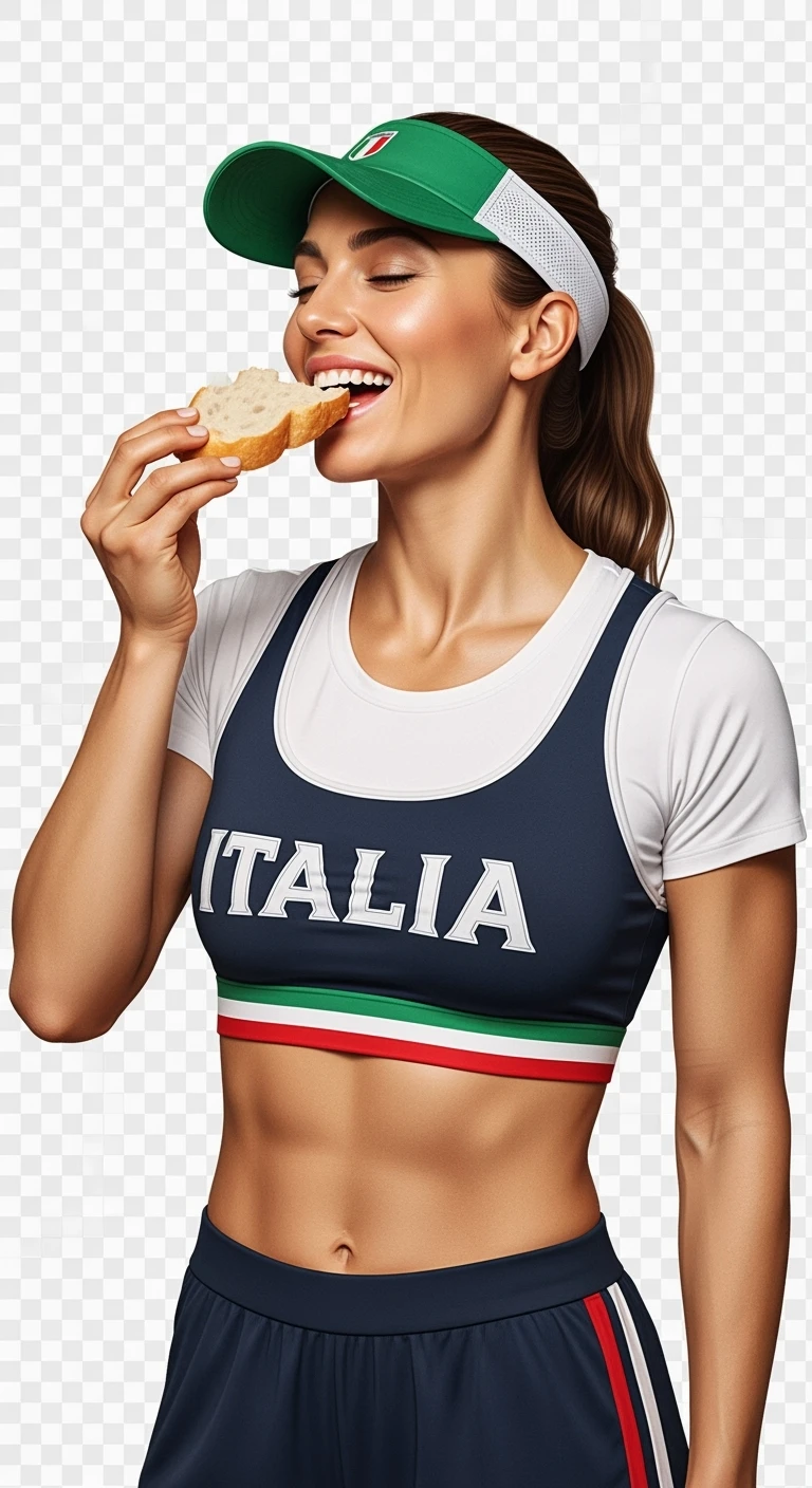 DONNA FITNESS ITALIANA CHE MANGIA PANE FELICE, IPERREALISTICA 4K, SENZA SFONDO emoji