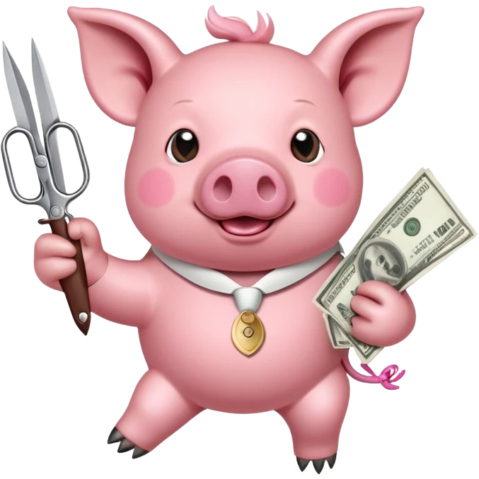 Flying pig holding a lot a money with a pair of scissors and a Dr Pepper  emoji