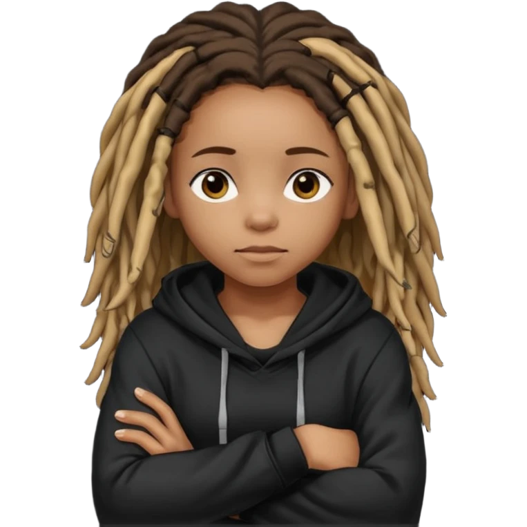 African American girl with dreadlocks wearing a plain black hoodie with her arms folded across her chest emoji