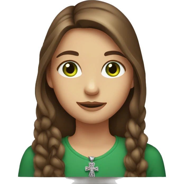 girl with long brown hair and green eyes and cross necklace emoji