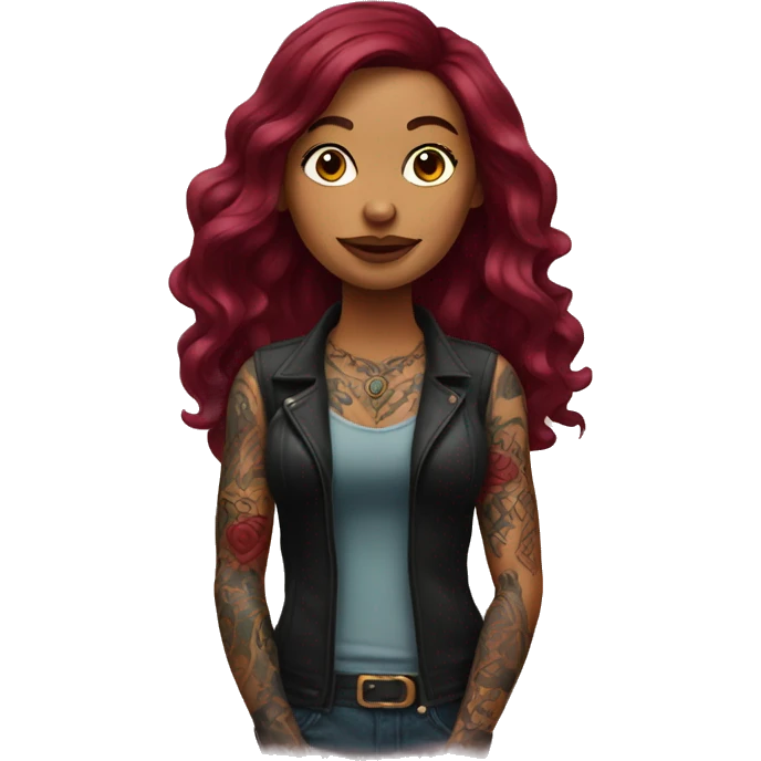 Tattooed woman with long burgundy hair emoji