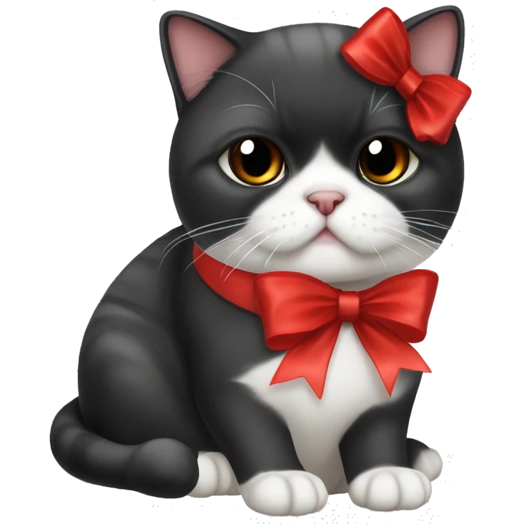 Black and white exotic shorthair cat with red bow emoji