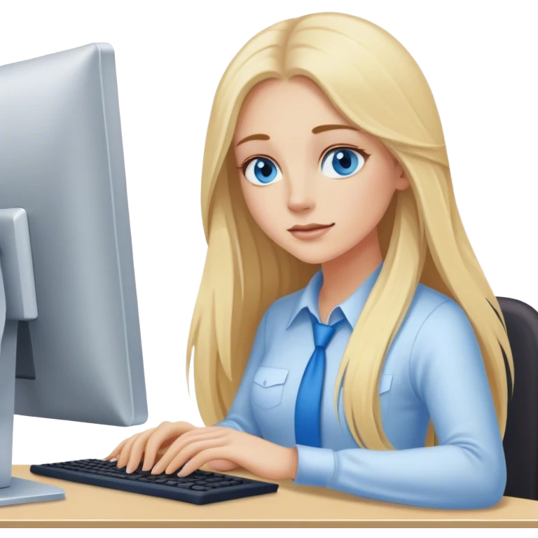 Cinematic realistic blonde with long hair, blue eyes is working at a computer emoji