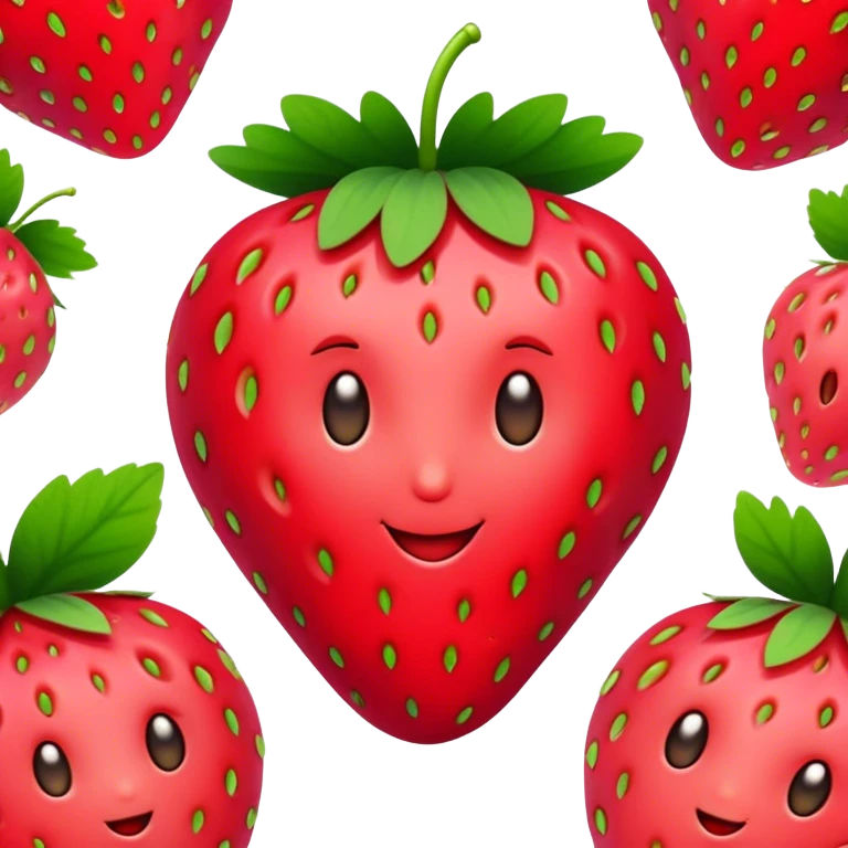 Cinematic Realistic Strawberry Emoji, Plump and juicy, with a deep red color and small, fresh seeds dotted across the skin. Its glossy, sweet surface catches the light, while bright green leaves top off the perfect, delicious berry. Soft glowing outline, capturing the essence of sweetness and freshness in a bright strawberry! emoji