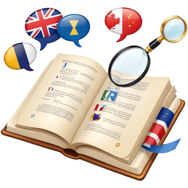 An icon featuring an open book, a pen, and speech bubbles, symbolizing philology and linguistics. The design includes alphabet letters, a magnifying glass, and flags of different countries, representing global languages and communication. Transparent background highlights language study. emoji