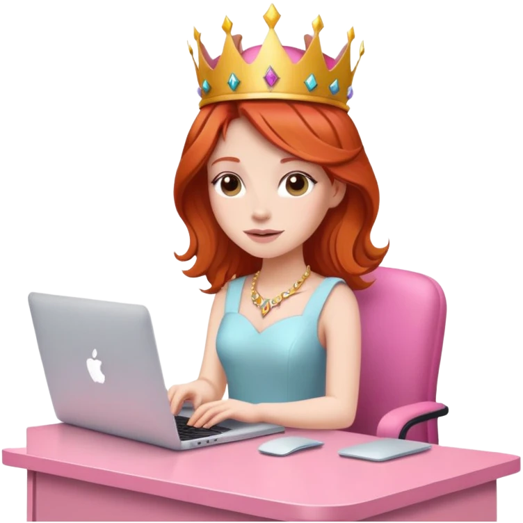 Redhead with crown on her head sat at the desk with MacBook and pink desk chair  emoji