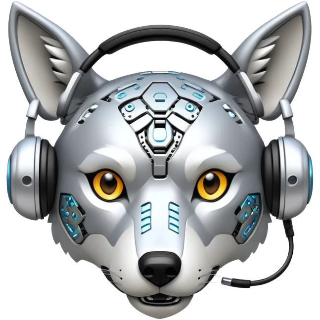 robotic wolf with digital eyes and circuit patterns wearing coach headset with football icon emoji