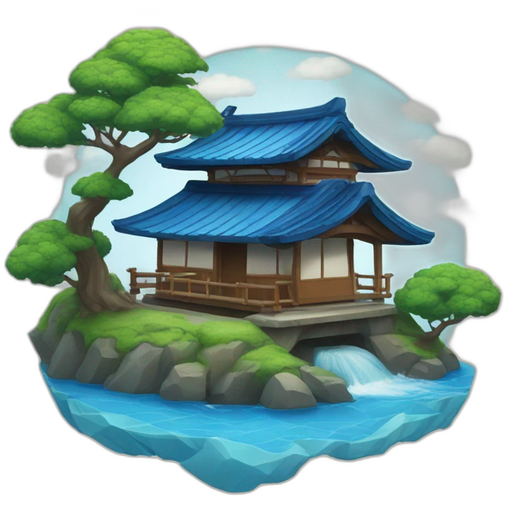 An island with a small Japanese house with a blue tiled roof and a blue torii gate emoji