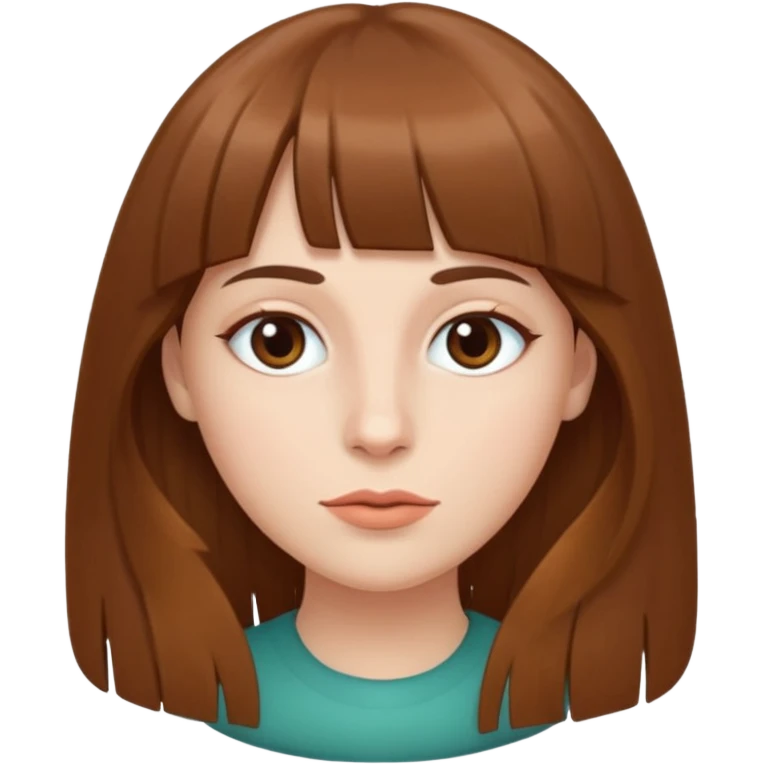 Tenho uma franja vegana, sombrancelha fina, um rosto oval e meu cabelo é grande e castanho emoji