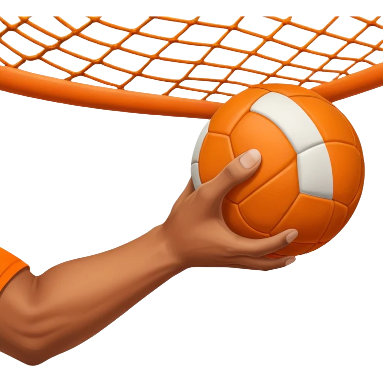 A close-up of a hand gripping a handball, with the goalposts visible in the background. The focus is on the texture of the ball and the strength of the grip, with the goal net slightly blurred to emphasize the anticipation of the throw. emoji